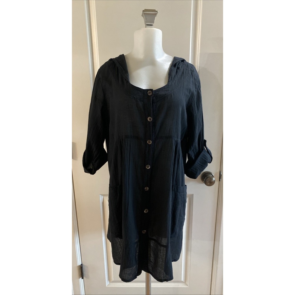 CMC Color Me Cotton Black Gauze Button Hooded 100% Cotton Size M Lagenlook Beach